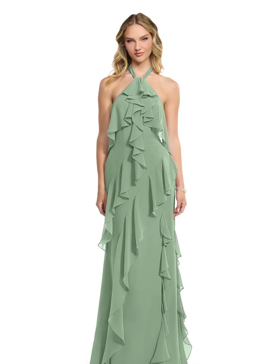 Azazie Dresses & Skirts - Azazie Velma Halter Ruffle Chiffon Maxi Dress Matcha